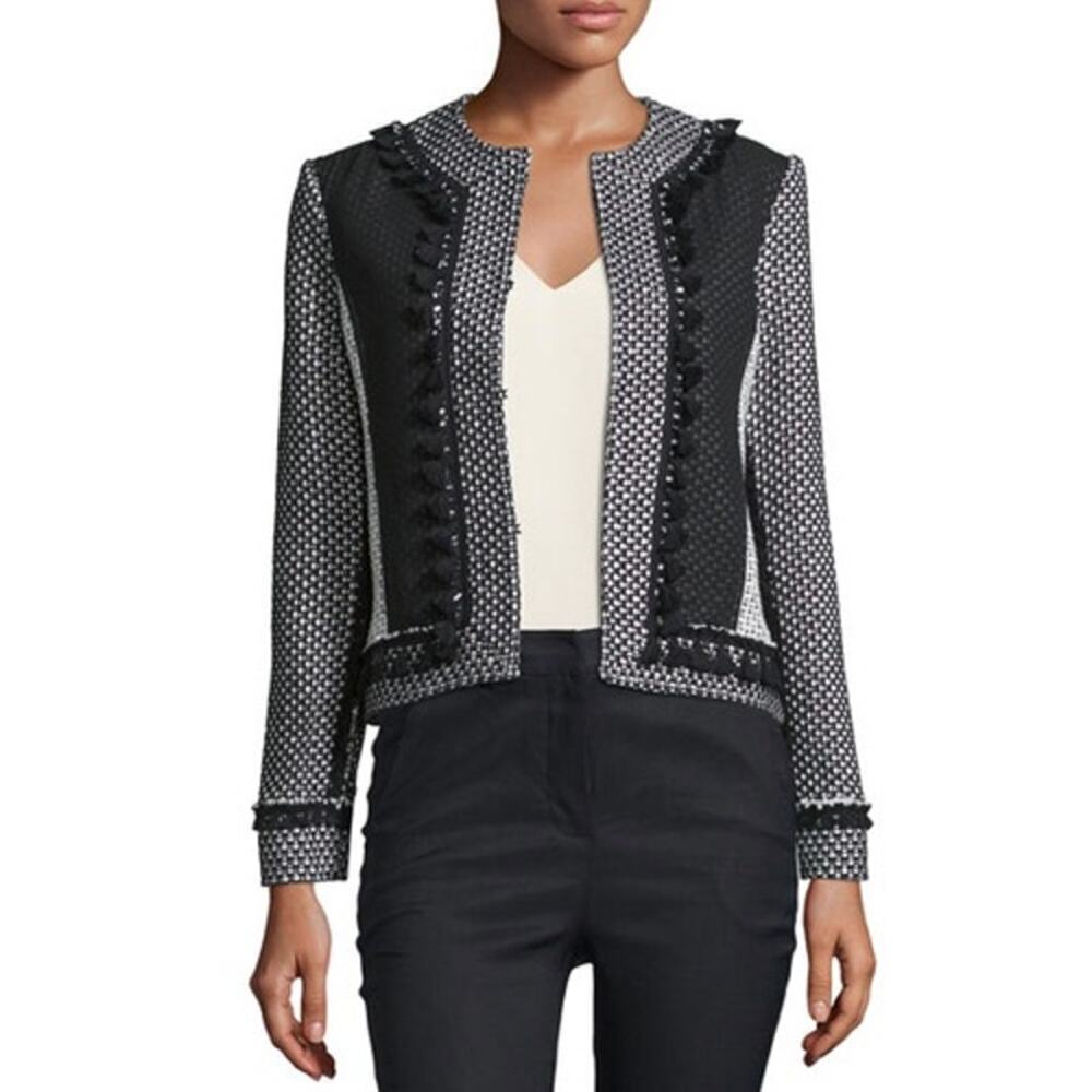 Derek Lam 10 Crosby Tassel-Trim Tweed Linen-Blend Jacket White/Black Size 4